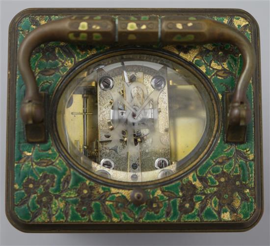 A Drocourt & Cie enamelled brass hour repeating carriage clock, 5.5in.